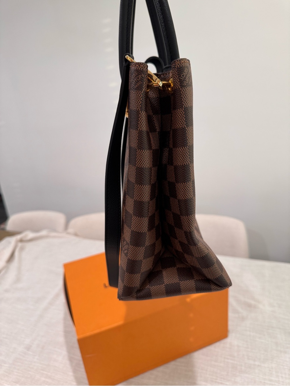 Louis Vuitton Brown Damier Ebene Canvas Tote with Black Trim and Yellow LV Charm - Picture 6 of 15